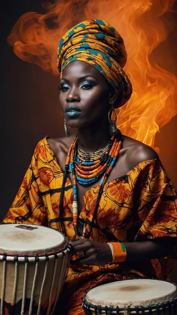 african woman, woman on fire, black women drumming, djembe drum, african head scarf, portrait, woman, scarf, african, model, cute, people